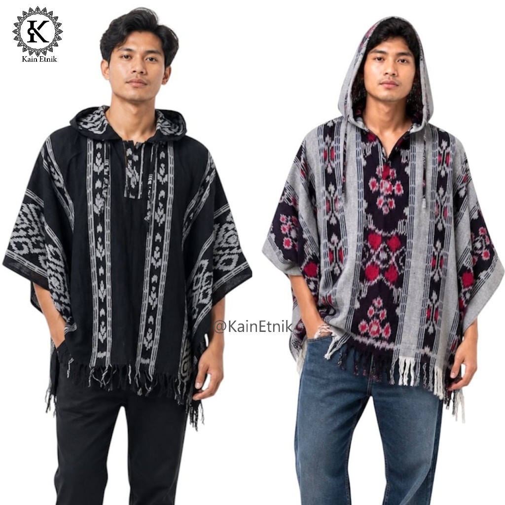 Hoodie Tenun Batwing Oblong / Hoodie Ponco Tenun Etnik Pria Wanita - Kain Etnik