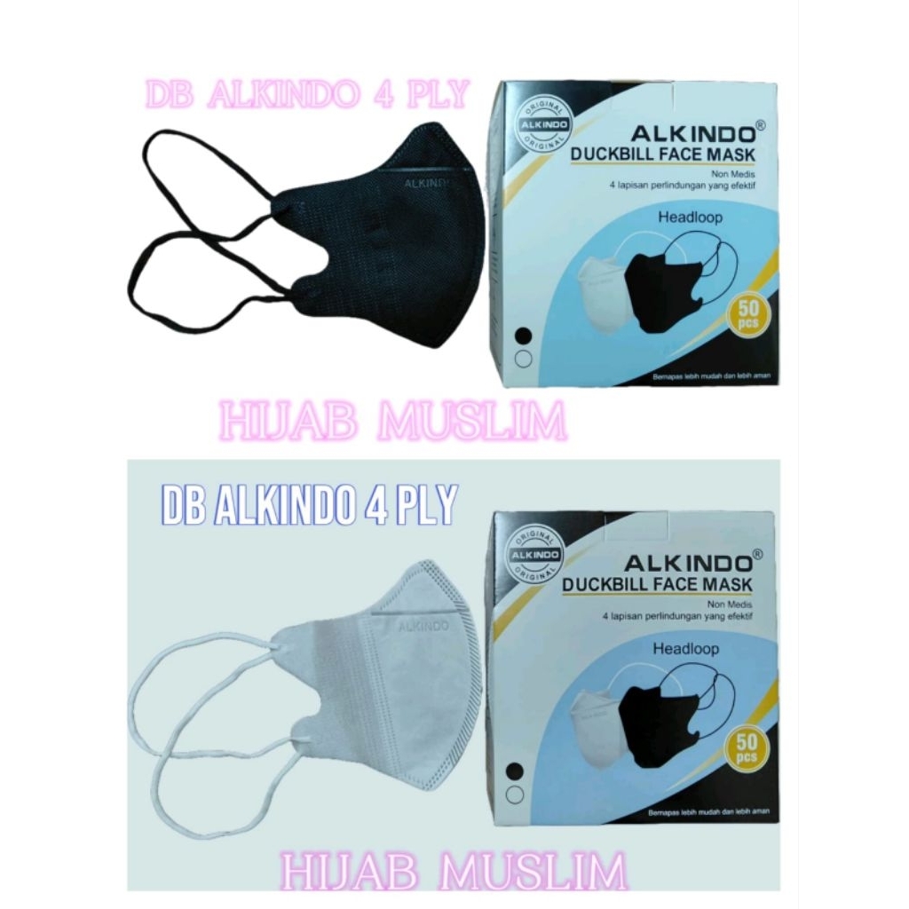 Masker Duckbill Hijab Alkindo 4ply Box Isi 50Pcs / Masker Duckbill Headloop