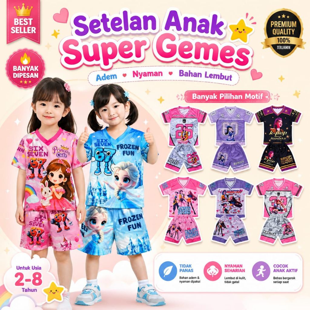 Setelan baju anak cewek untuk usia 1-12 tahun/Setelan jersey anak perempuan/Setelan baju anak bahan 