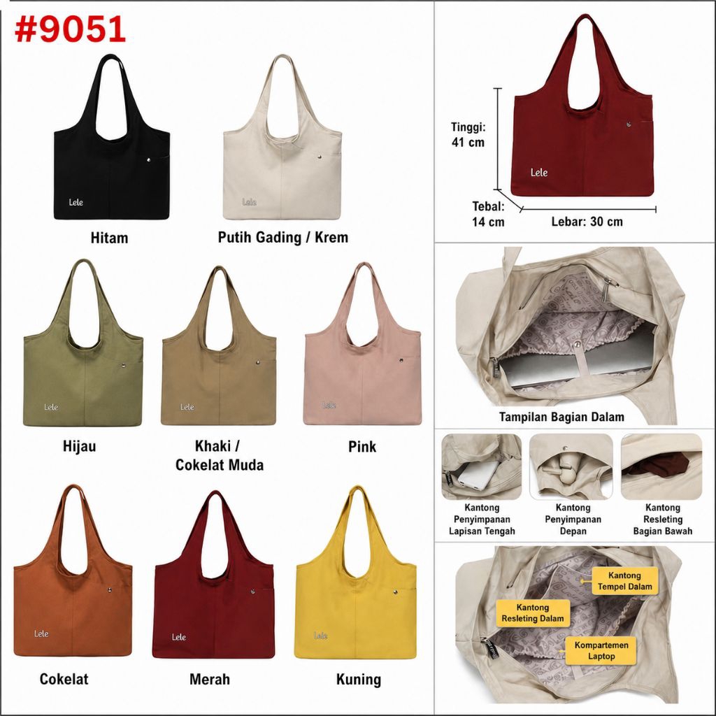 LeLe 9051 Tas Tote import  Wanita Premium  – Tas Bahu Fashion Wanita, Muat Laptop, Banyak Kantong, S