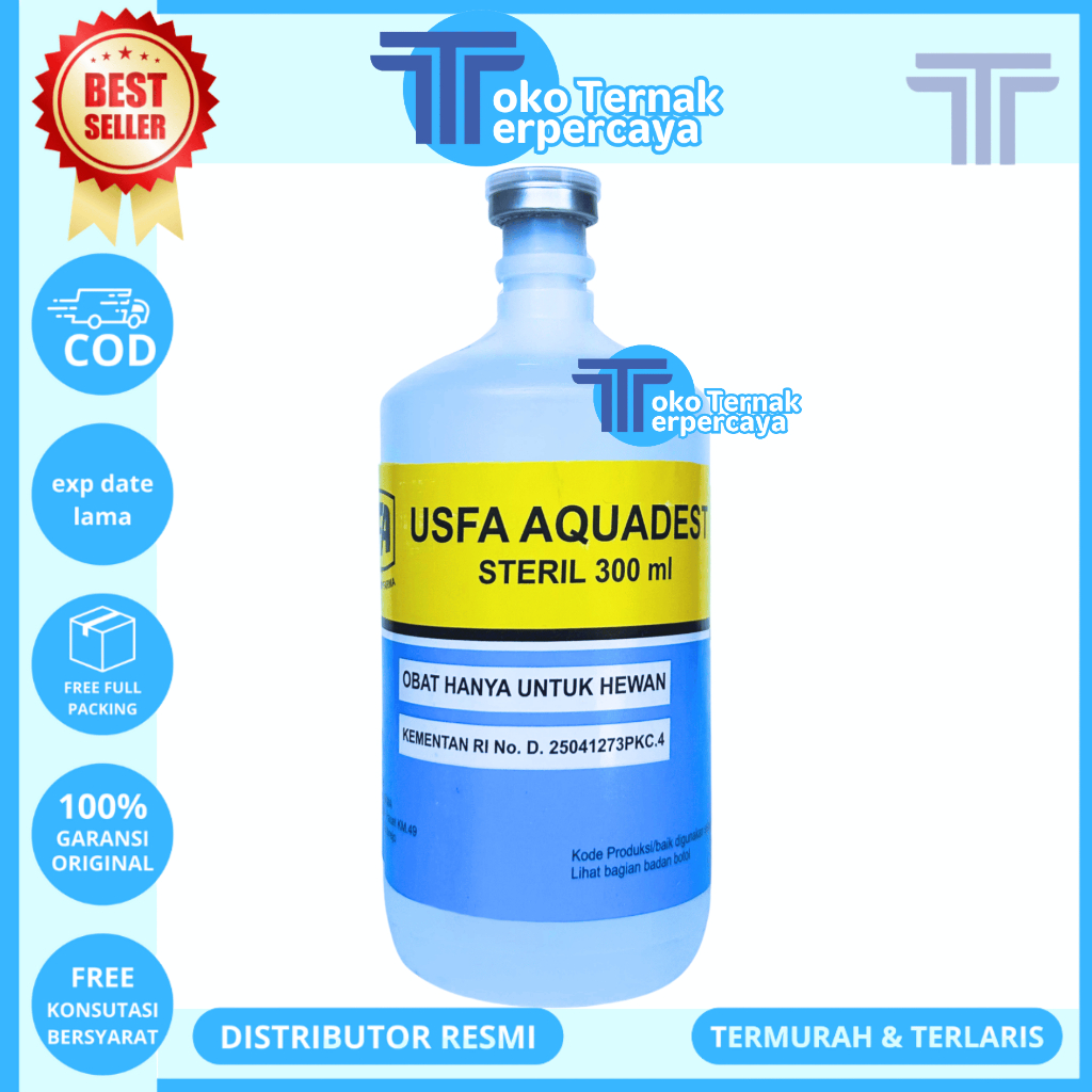 USFA AQUADEST 300ML - Aquades Air Steril Destilated Water untuk Campuran Obat Hewan Ternak