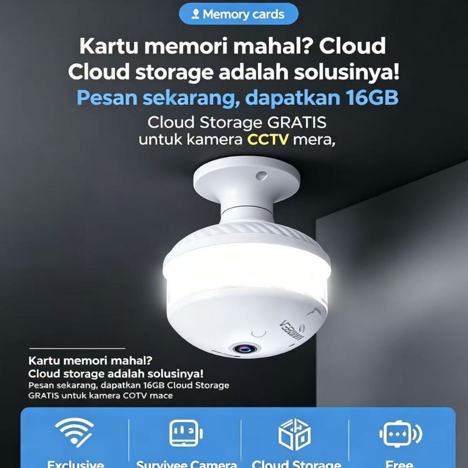 GIFT 16GB Cloud. CCTV Lampu Bohlam Kamera Pengawasan V380 PRO 360°Fisheye Panoramik WiFi 2.4g