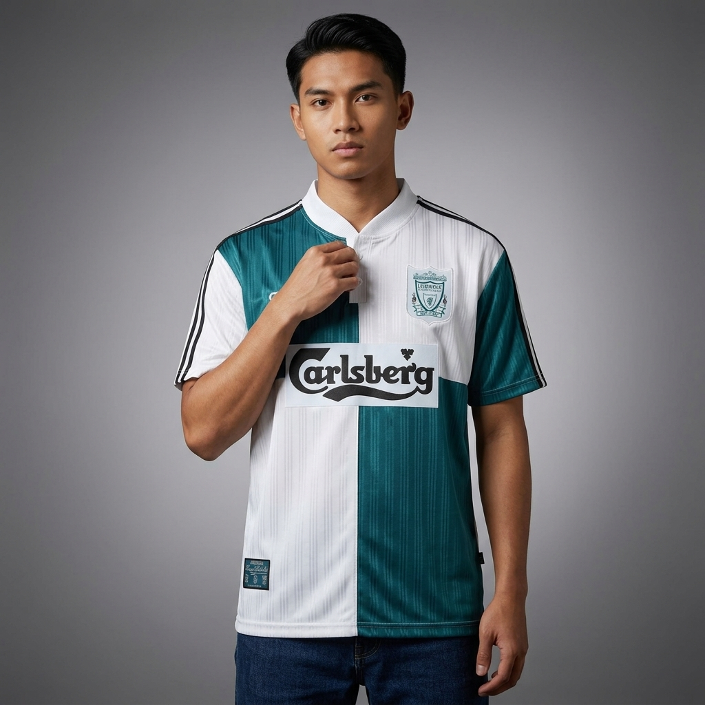 Jersey Sepak Bola Retro Klub Liverpool Away 1995 1996 Baju Bola Putih Hijau Custom Nama Nomor