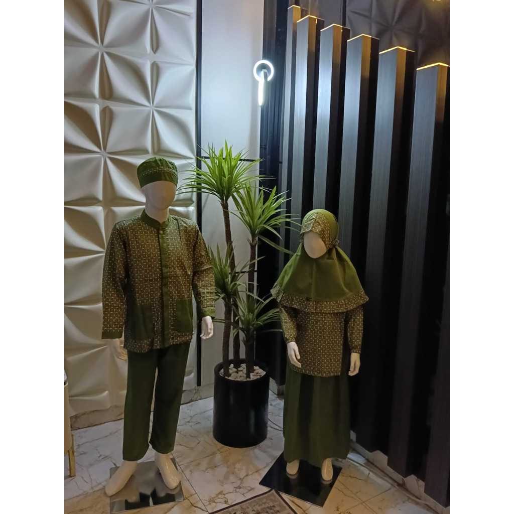 Setelan Batik Seragam Muslim Anak TK/PAUD dan Koko hijau army + Hijab & Peci