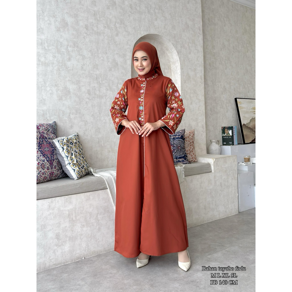 GAMIS BORDIR MOTIF BUNGA/GAMIS WANITA BAHAN TOYOBO FODU/ MOTIF KEKINIAN/GAMIS MUSLIM DEWASA/COD