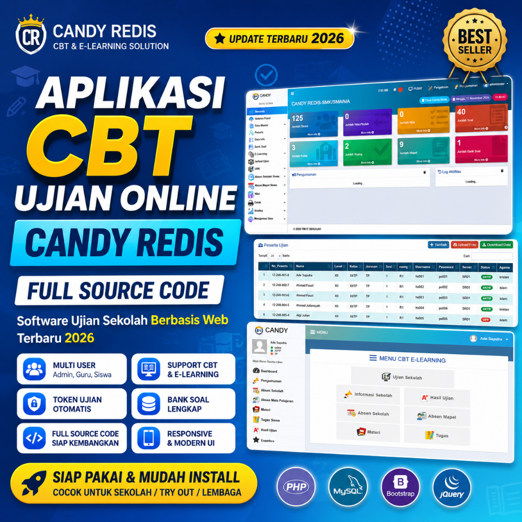 Aplikasi CBT Ujian Online Candy Redis Full Source Code | Software Ujian Sekolah Berbasis Web Terbaru