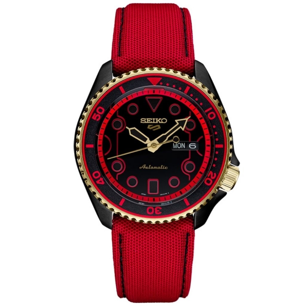 Original 100% Jam Tangan Pria SEIKO 5 Sports SRPF20K1 Street Fighter Ken Rush N Blaze Red Nylon-Leat