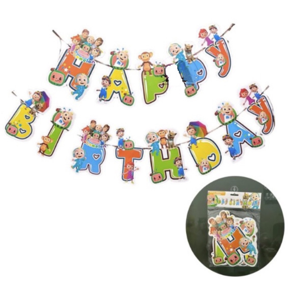 Banner tulisan happy birthday tema cocomelon jumbo bunting flag spanduk backdrop bunting flag baner 