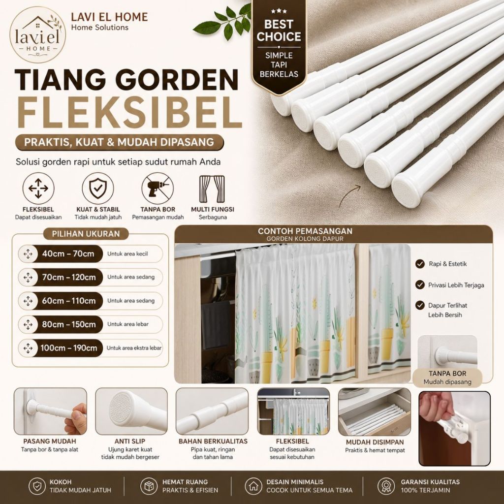 Tiang Pipa Tongkat Fleksibel Gorden Kolong Meja Dapur  30cm-350cm  Tanpa Di Paku I Tiang SerbaGuna I