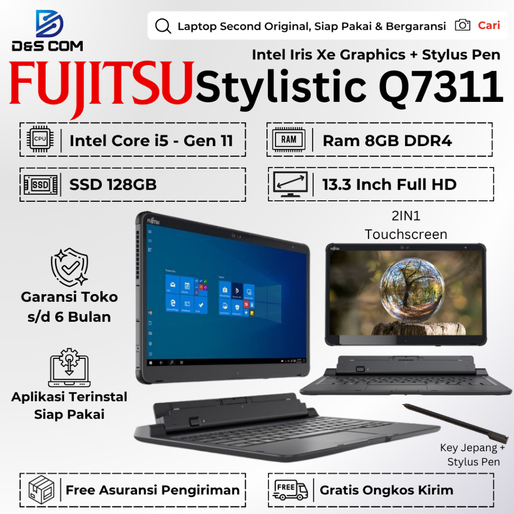 Fujitsu Stylistic Q7311 Core i5 Gen 11 RAM 8GB SSD 128GB - Laptop Second 2in1 Touchscreen Bergaransi