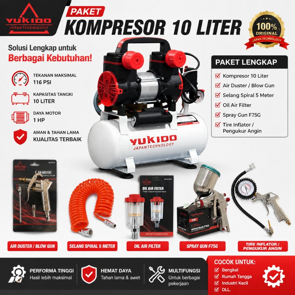 Mesin Kompresor/Compresor Angin Yukido Air Compressor Oiless SILENT Oil Less kompresor Mini Listrik 