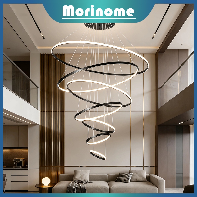 Lampu Gantung Tangga Ruang Tamu Modern Minimalis Lampu Hias Gantung mewah Void 7 Ring 120cm LED 3 Wa