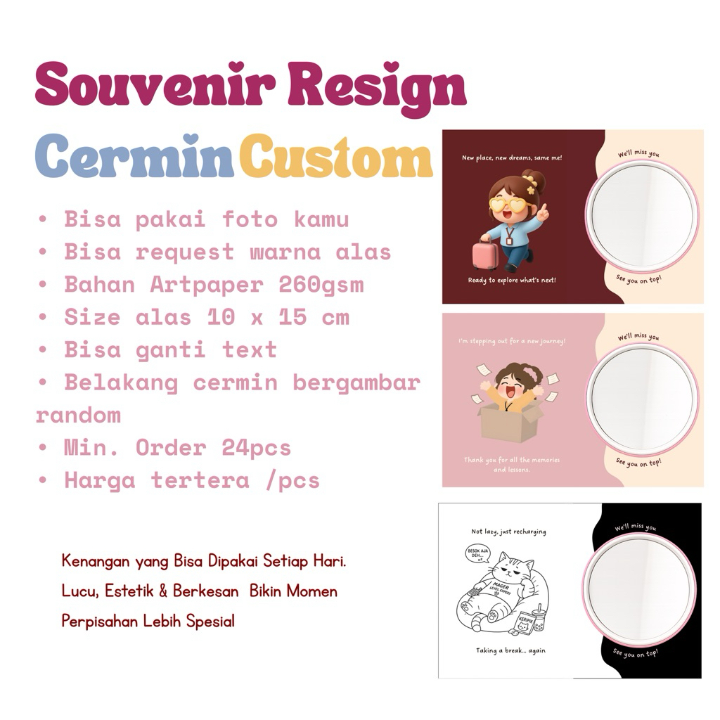 Souvenir Kaca Cermin Mini Custom | Kado Resign Aesthetic Lucu | Gift Perpisahan Teman Kerja * Cermin