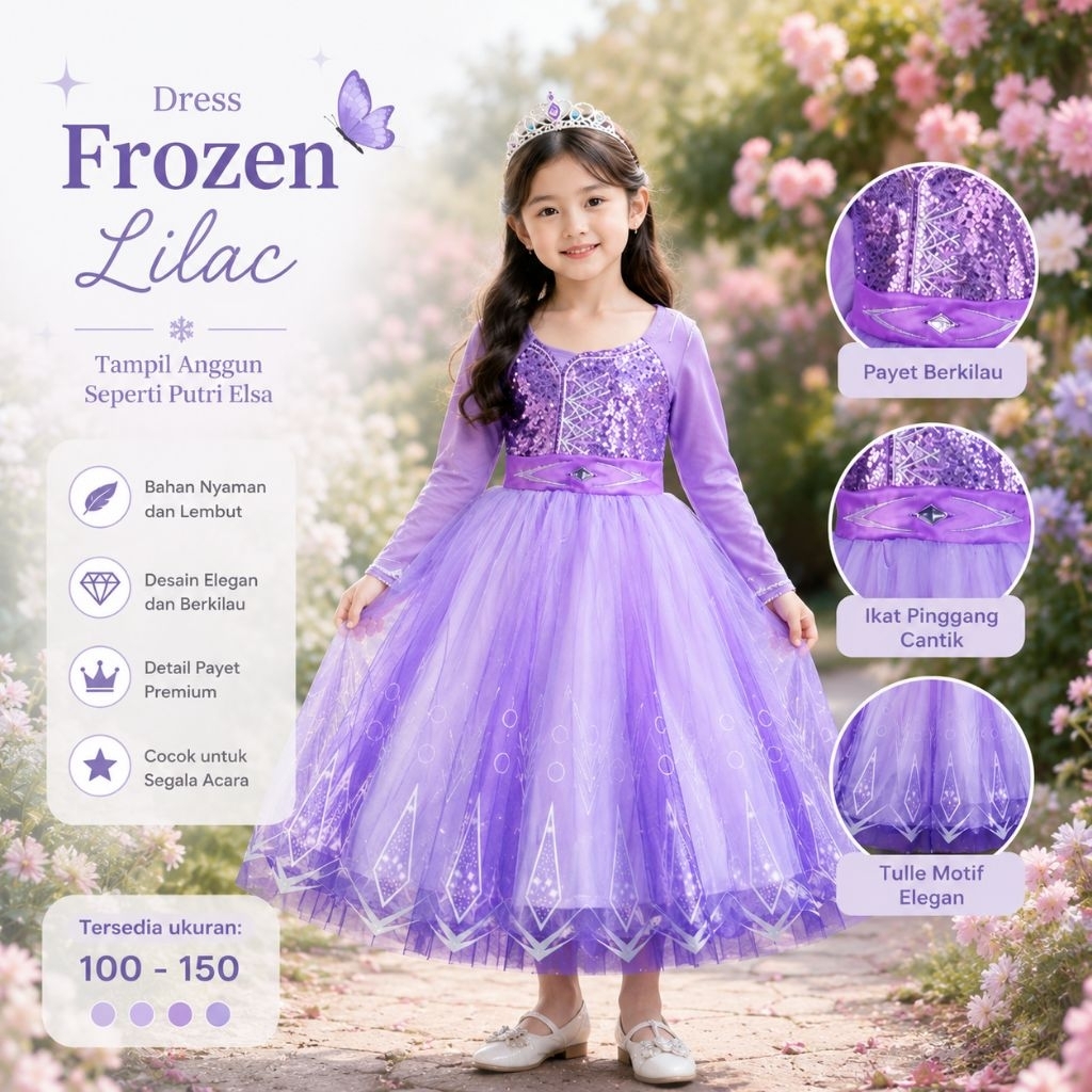 Gaun Dress Frozen warna Lilac import premium tangan panjang
