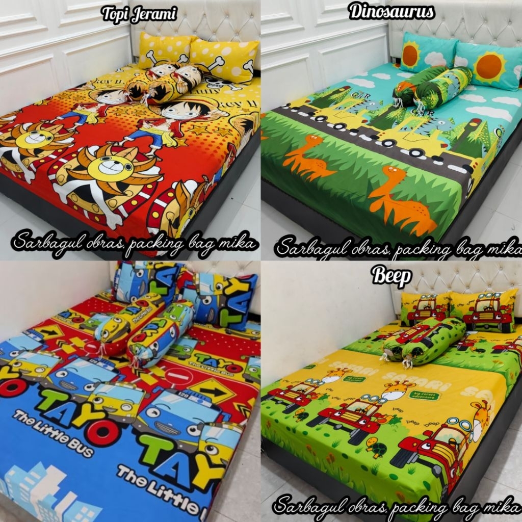 SPREI HOMEMADE KARET MOTIF ANAK COWOK CAR MOBIL TAYO TRANSPORTASI CONTRUCTION MC QUEEN 95 ESCAVATOR 
