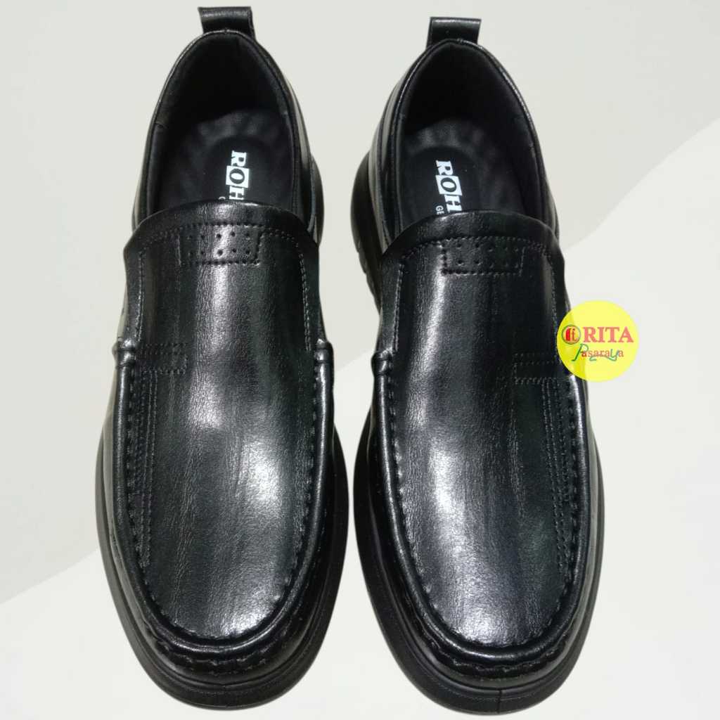 Rohde Sepatu Kulit Asli Model Slip On Hitam Glosy