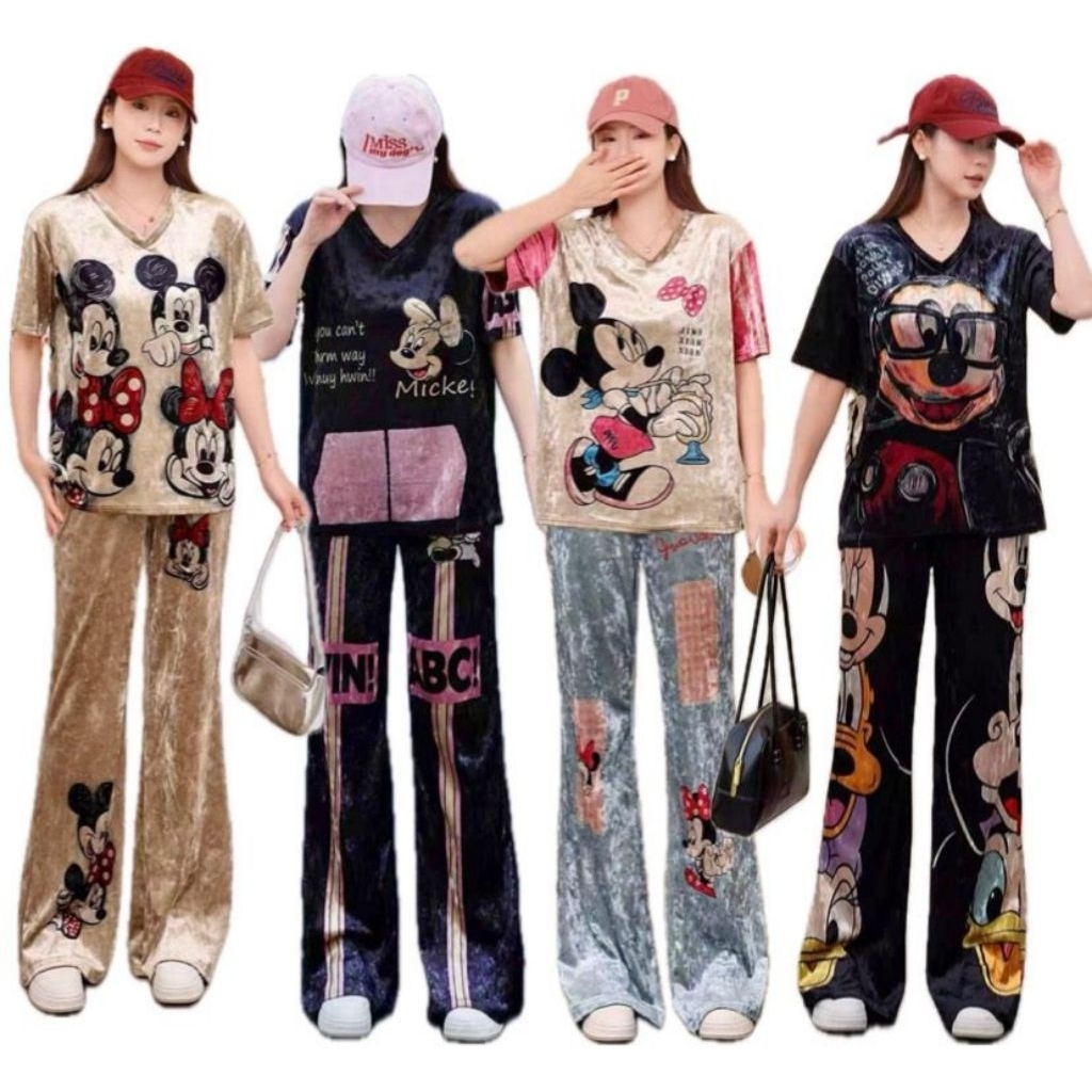 Setelan Velvet baju + celana Cutbray bludru muat s - XL