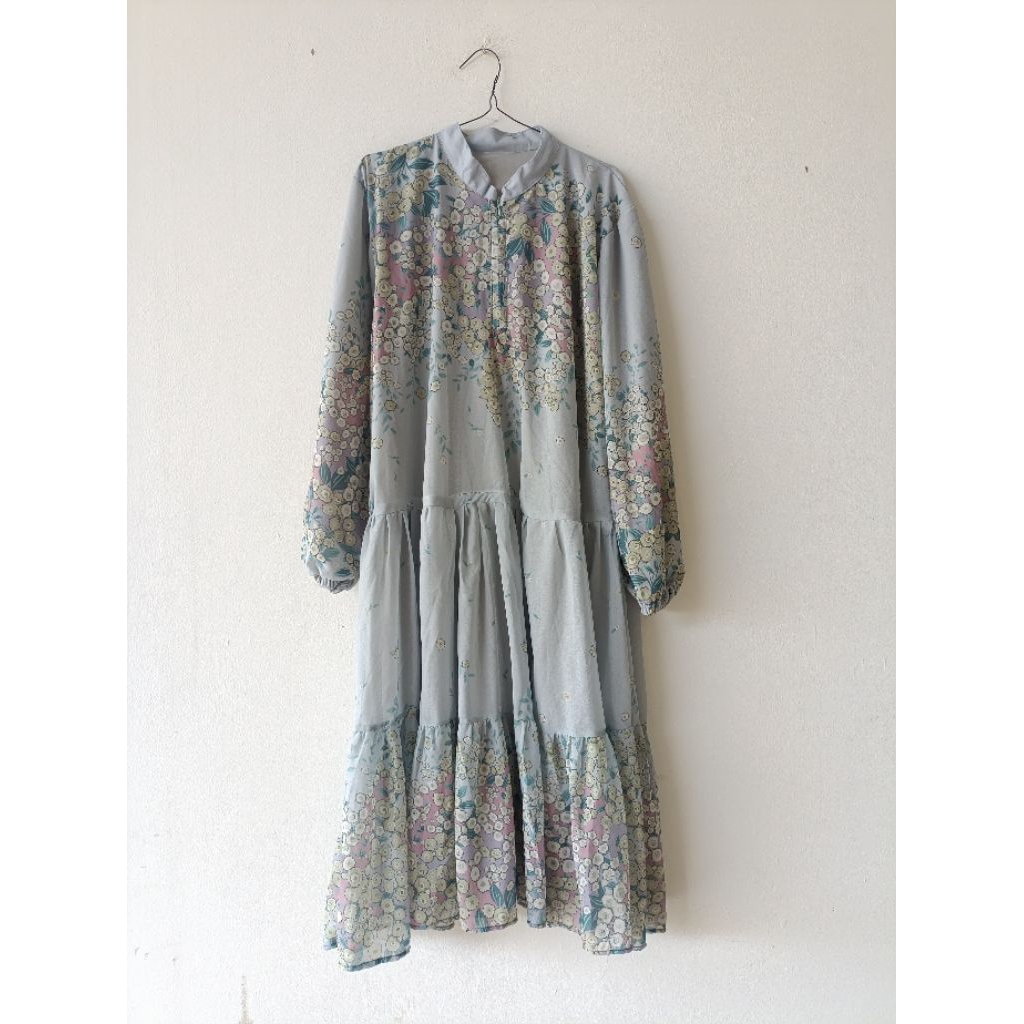 Baby Blue Flowers Sifon Tunik Full Puring Ruffle Umpak Premium