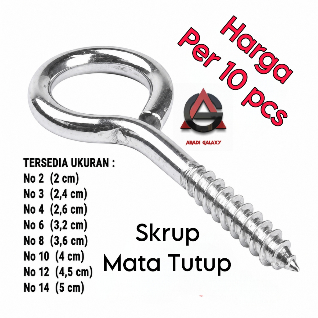 (Harga / 10 pcs) Skrup Mata Tutup / Skrup Mata Bulat / Skrup Gantung Bulat No.2;3;4;5;6;8;10;12;14