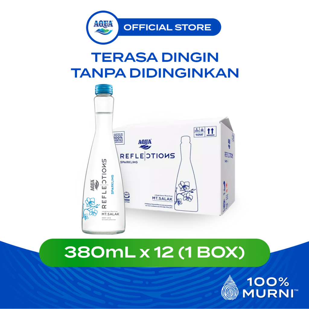 AQUA Reflections Sparkling Air Mineral 380mL x 12 Botol (1 Box), AQUA Botol Kaca Kecil, 100% Murni