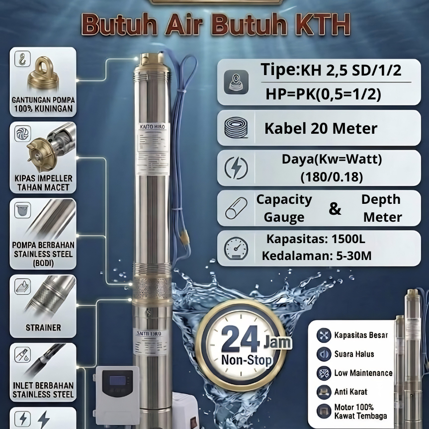 pompa submersible KH 2,5 Inc  0,25 HP Kaito Hiro + 20 meter