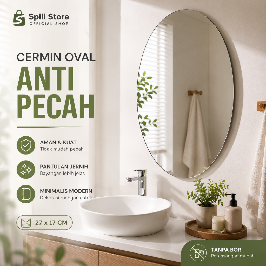 Cermin Dinding Tempel Oval Aesthetic Acrylic Dekor Meja Rias Kamar Minimalis Anti Pecah