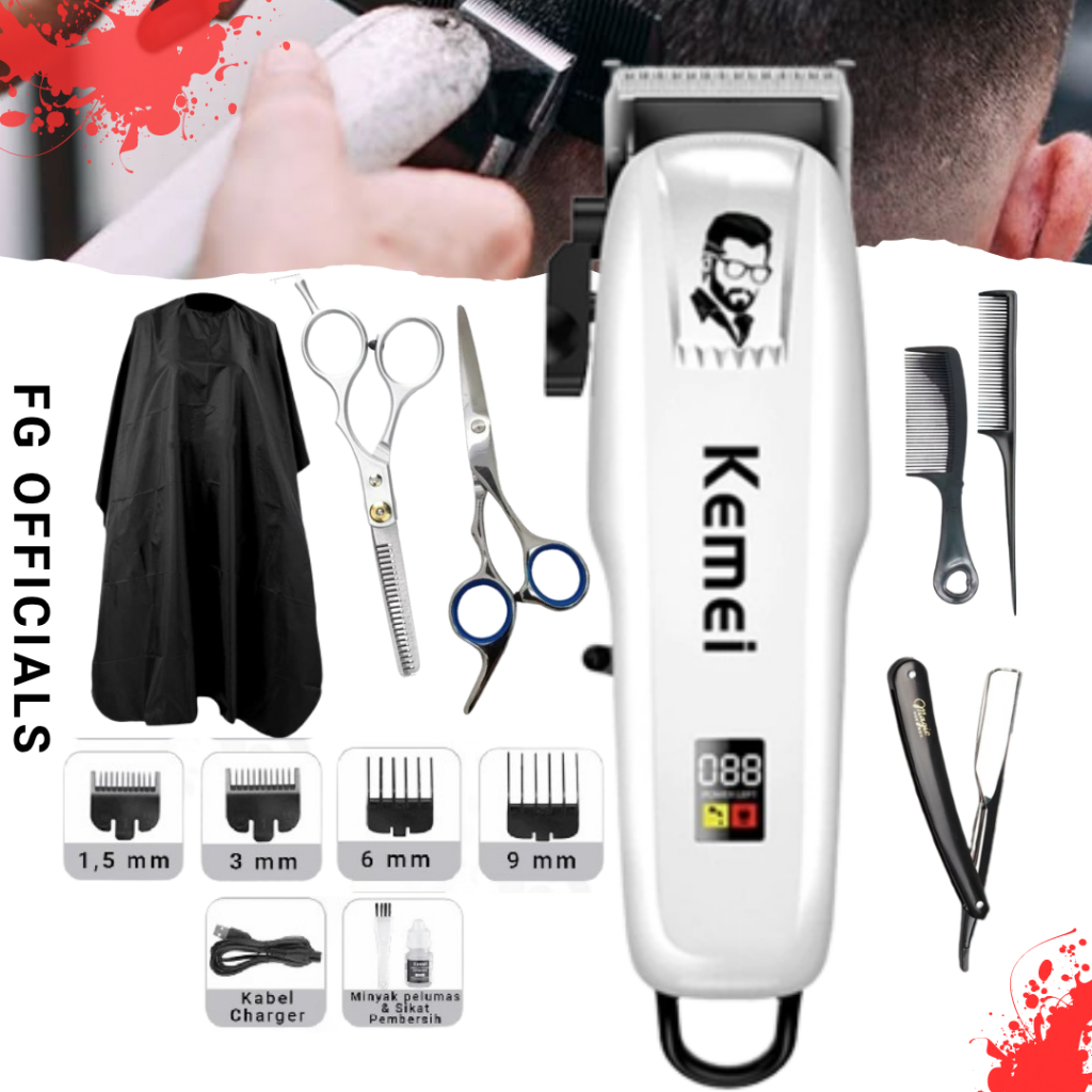 FG Mesin Cukur Rambut Cas Profesional Paket Barbershop KEMEI  Indikator Baterai LED Digital ORIGINAL