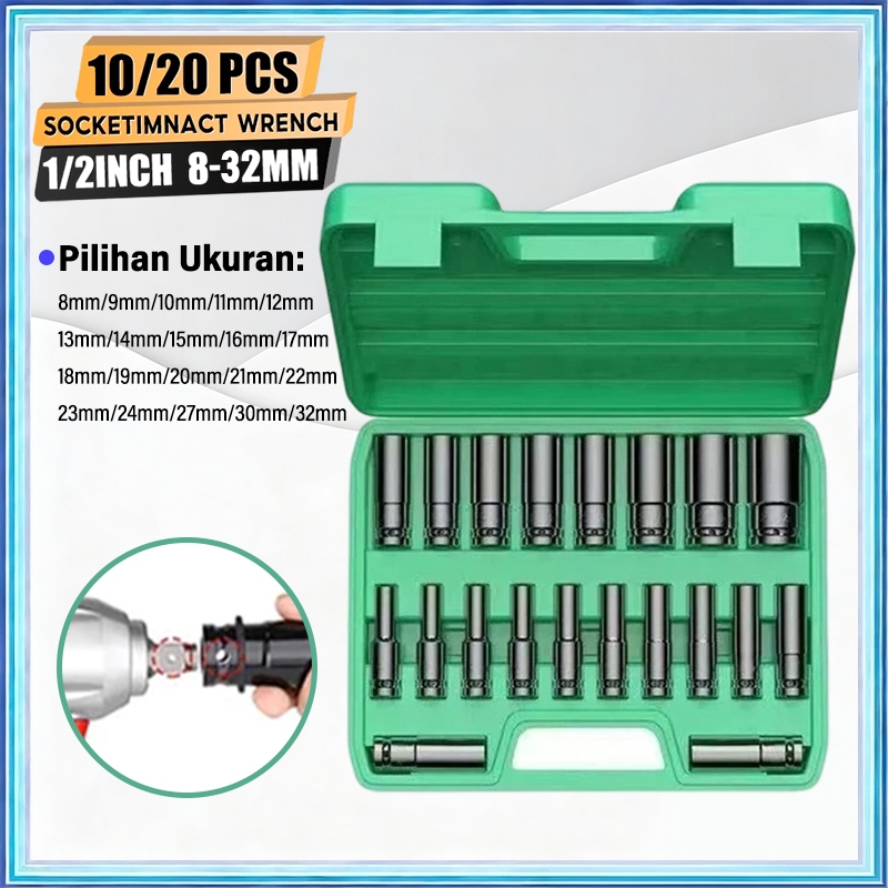 Set Mata Socket Impact 1/2 10Pcs - Ukuran 8-24mm, Kunci Shock untuk Impact Wrench, Bahan Kuat & Taha