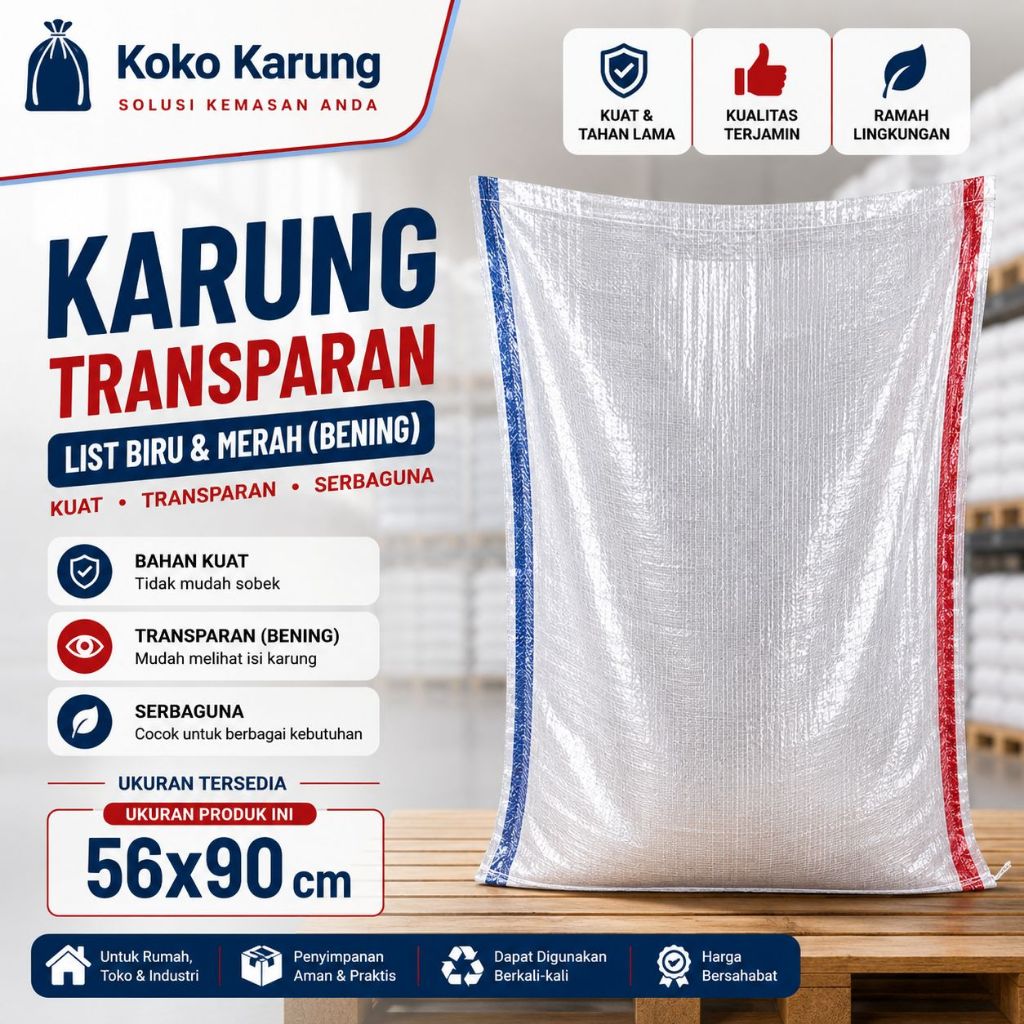 Karung Transparan 50kg 56x90 cm List Biru merah | Karung Beras Plastik Bening Tebal Anti Sobek | Kar