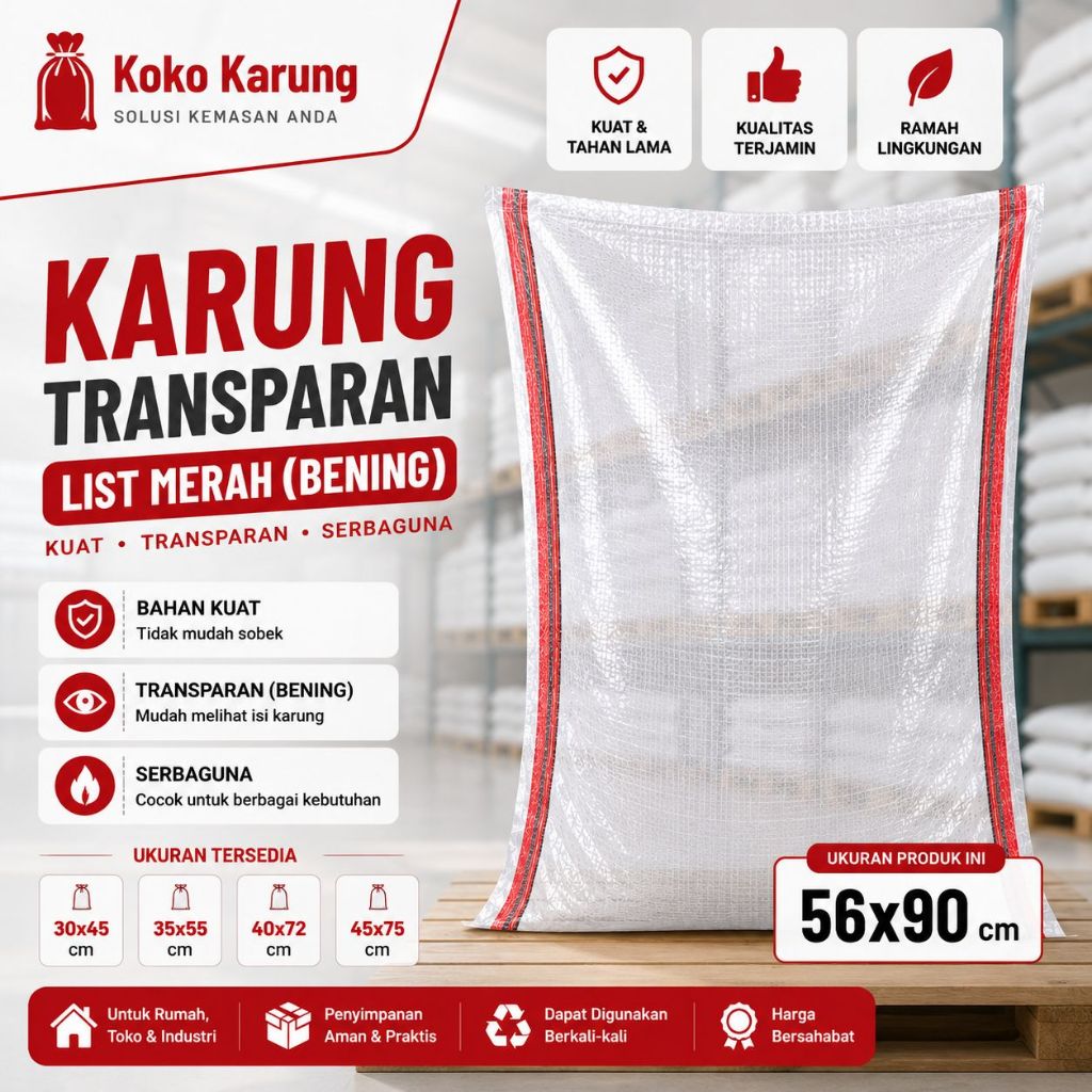 Karung Transparan 50kg 56x90 cm List Merah Hitam / Hitam oren | Karung Beras Plastik Tebal Anti Sobe