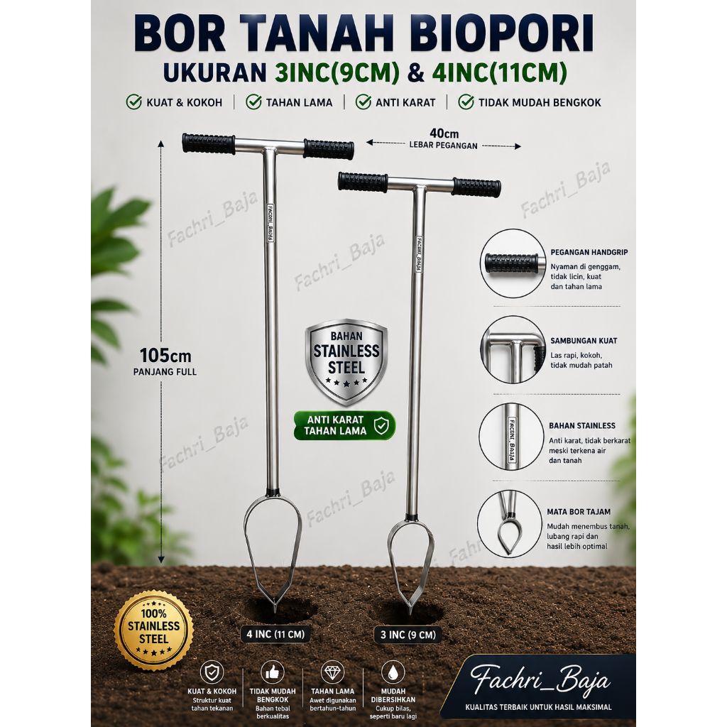 BOR TANAH BIOPORI 3INC(9CM) & 4INC(11CM) | Panjang 105CM | Kuat Kokoh Tahan Lama/ Alat Berkebun