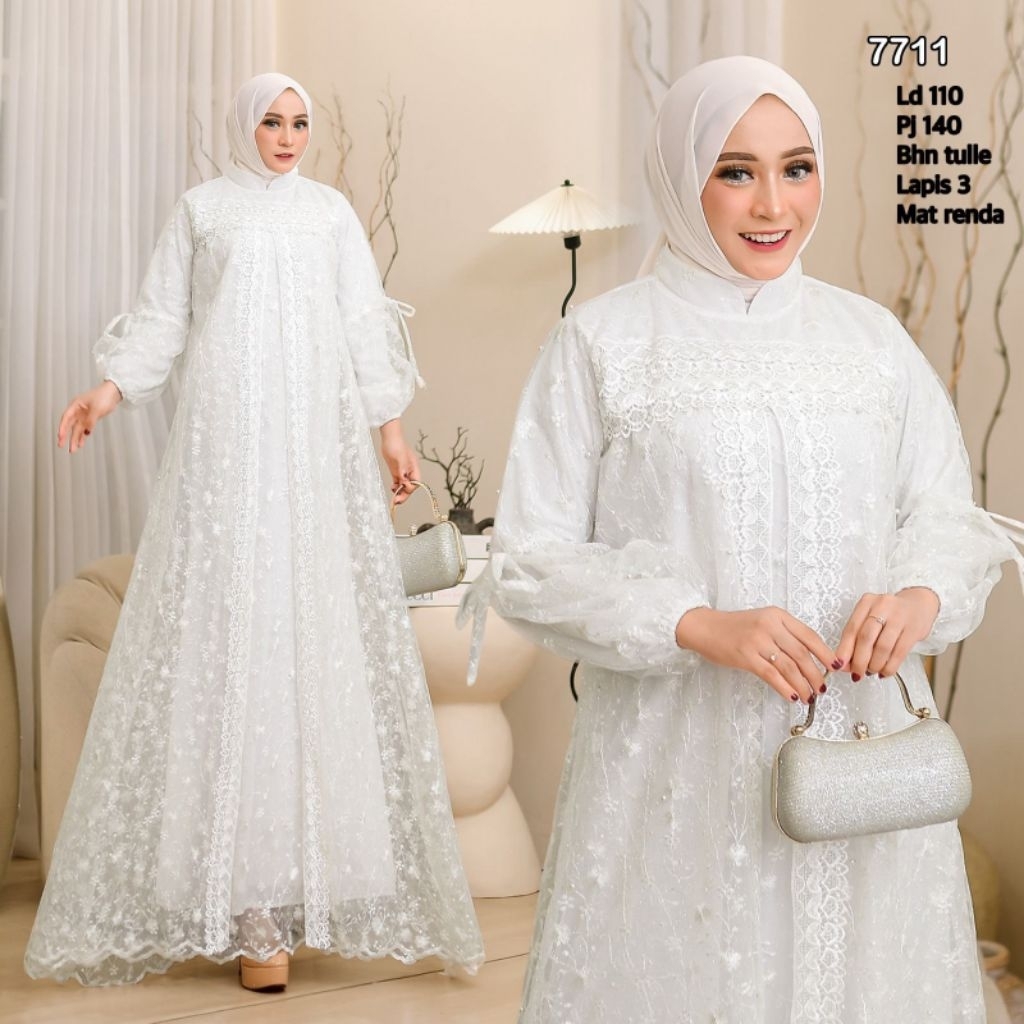 Gamis abaya putih mewah elegan gamis brokat Tulle