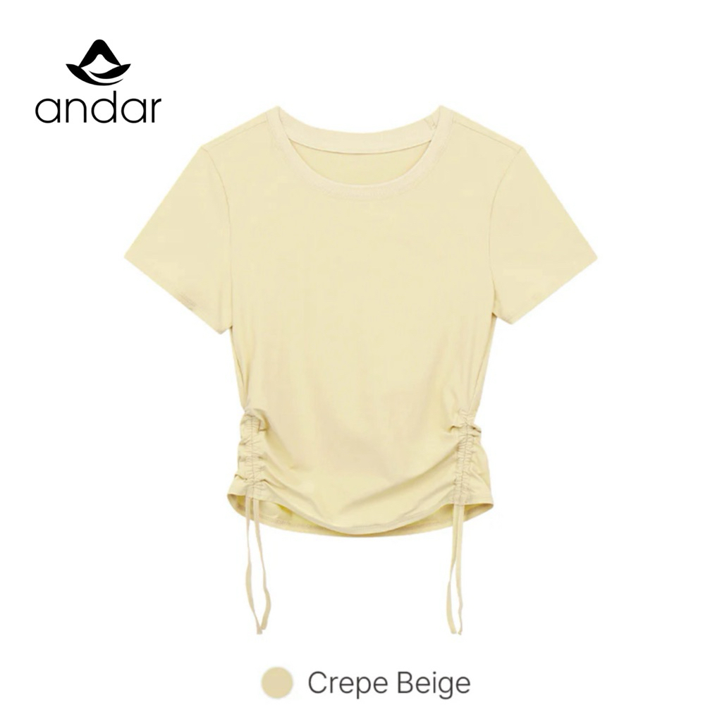 BNWT New Tag Andar Drawstring Side Short Sleeve Crepe Beige Light Yellow Ruched Crop Top Tee T-Shirt