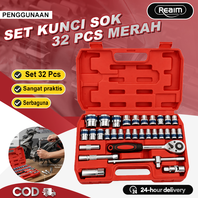 Reaim Kunci Sok 32PCS Kunci Set Lengkap Kunci Set Toolkit Set Tool Box Set Lengkap