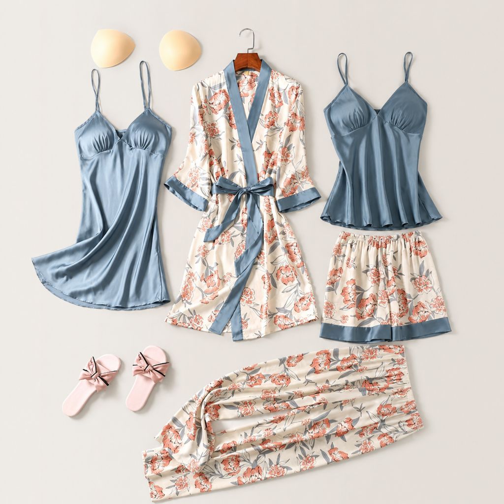 Set Piyama 5in1 Silk Premium | Baju Tidur Kimono Lingerie Celana Panjang Pendek M-XXL