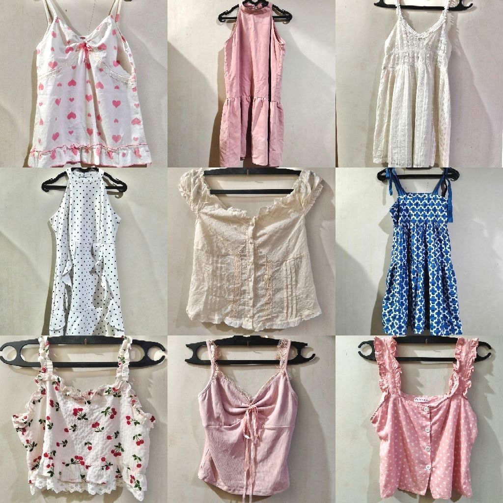 Tanktop kamisol crop babydoll milkmaid halter morikei bunga katbol putih pink gingham merah biru mud