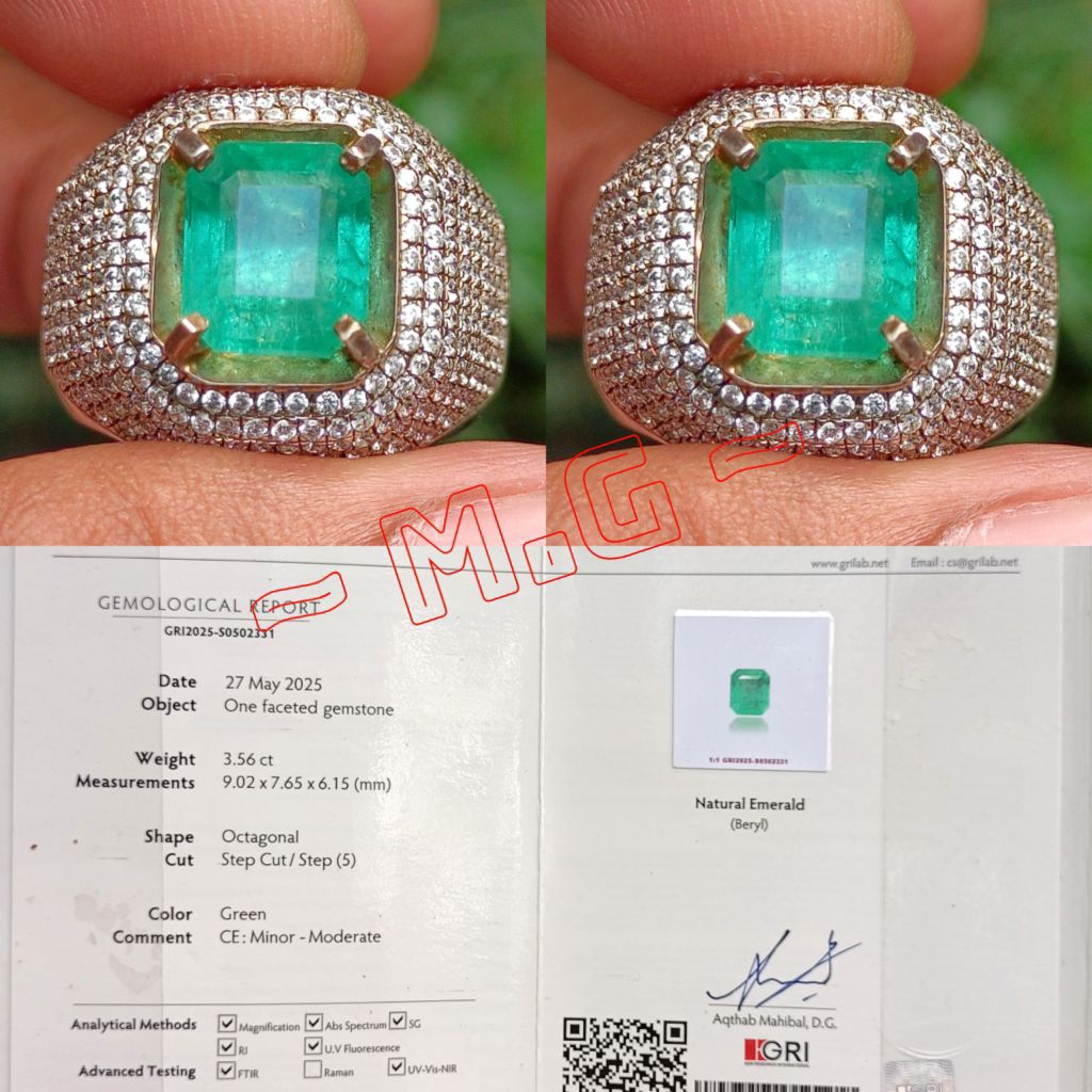 NATURAL EMERALD BERYL GOOD COLOR FRESH GREEN 3.56 CARAT RING PERAK HANDMADE MEWAH MEMO BOOK GRI LAB