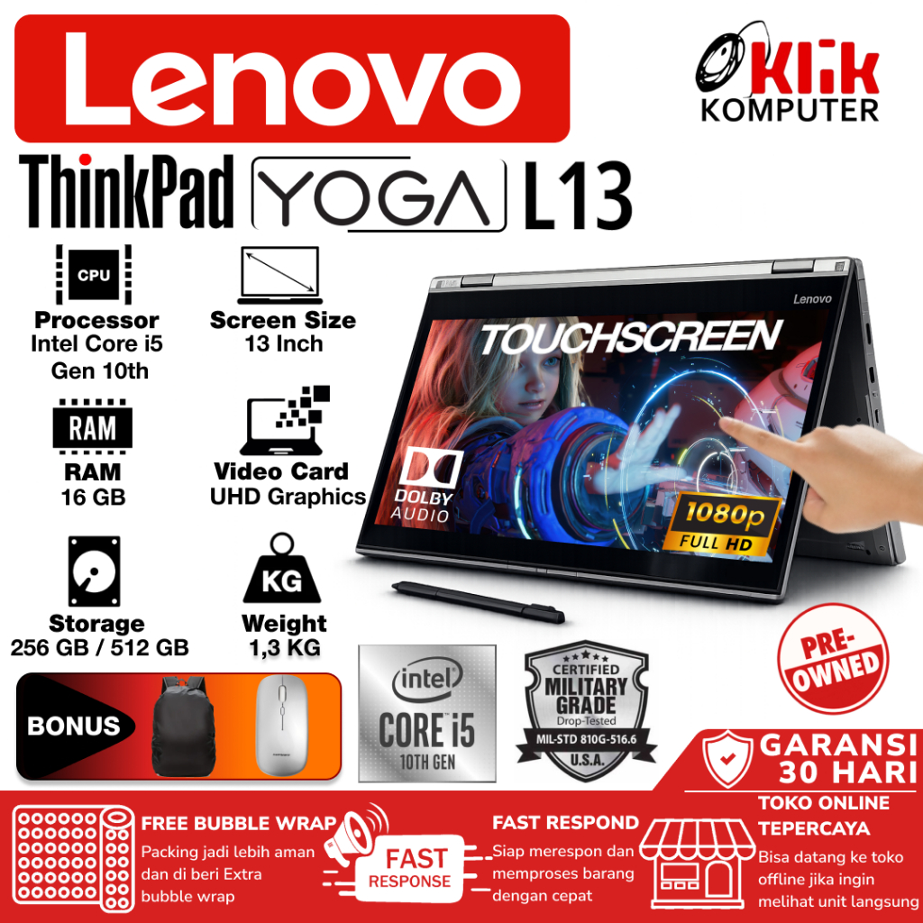 Lenovo Thinkpad YOGA L13 G1 TOUCHSCREEN i5 GEN 10, 16 GB RAM, SSD 256GB/512GB Foldable Laptop