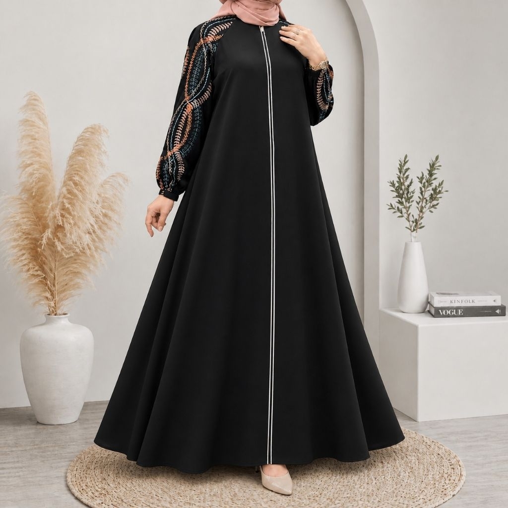 ABAYA QATAR BORDIR LENGAN KARET KLOK UMBRELLA BAHAN JETBLACK ALKHATIB COLLECTION DEWASA S M L XL XXL