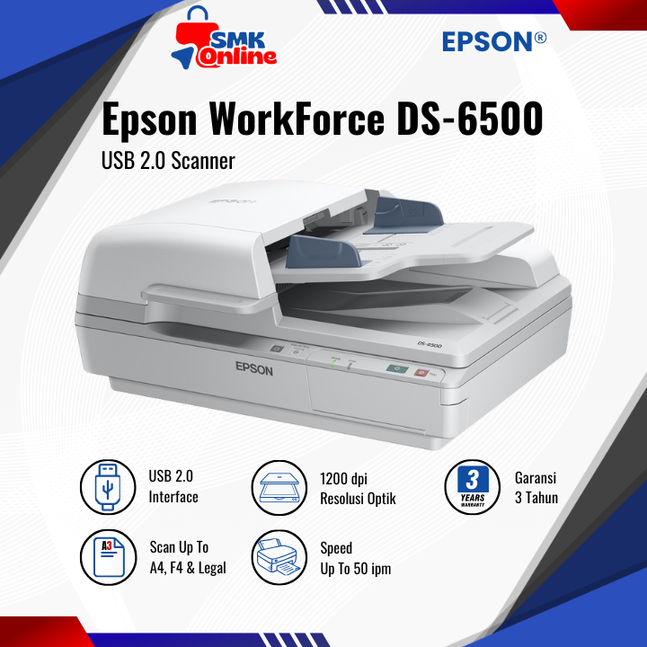 Scanner EPSON DS-6500 DS6500 DS 6500 (25ppm / 50ipm) Flatbed Document Scanner with Duplex ADF Garans