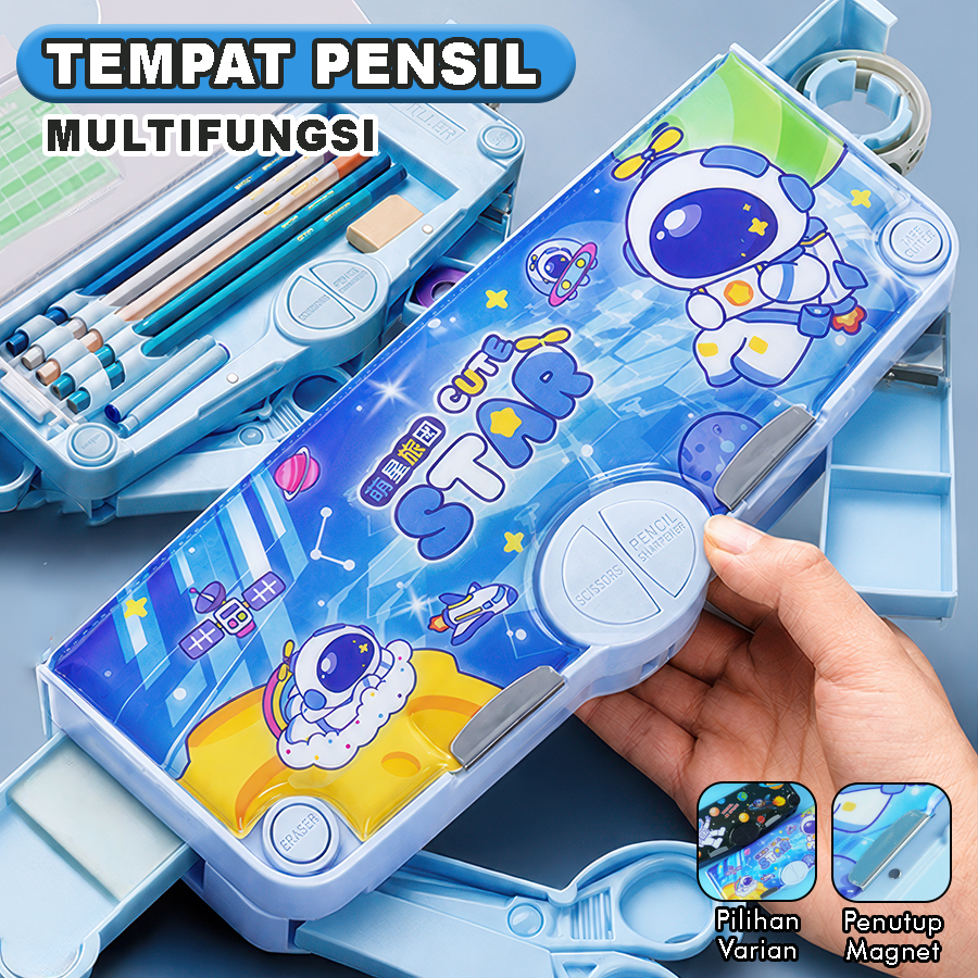 Tempat Pensil Multifungsi Astronaut Cute Star Kotak Pensil Mekanik Magnetik dengan Gunting Dan Rauta