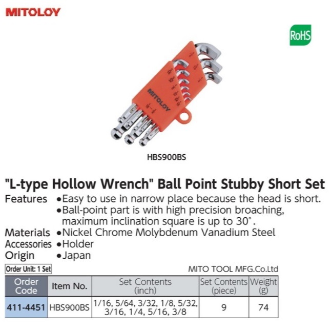 MITOLOY L-type Hollow Wrench Ball Point Stubby Short Set 9 Pcs Inch Type HBS900BS