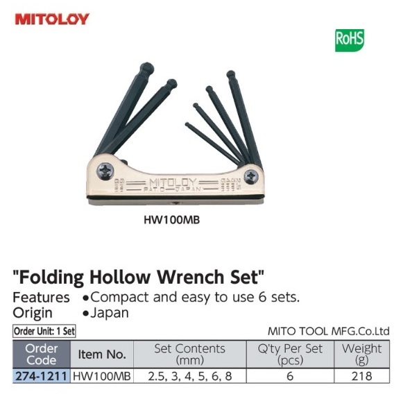 MITOLOY Folding Hollow Wrench Set Ball Point, Metric 6-Piece Set HW100MB