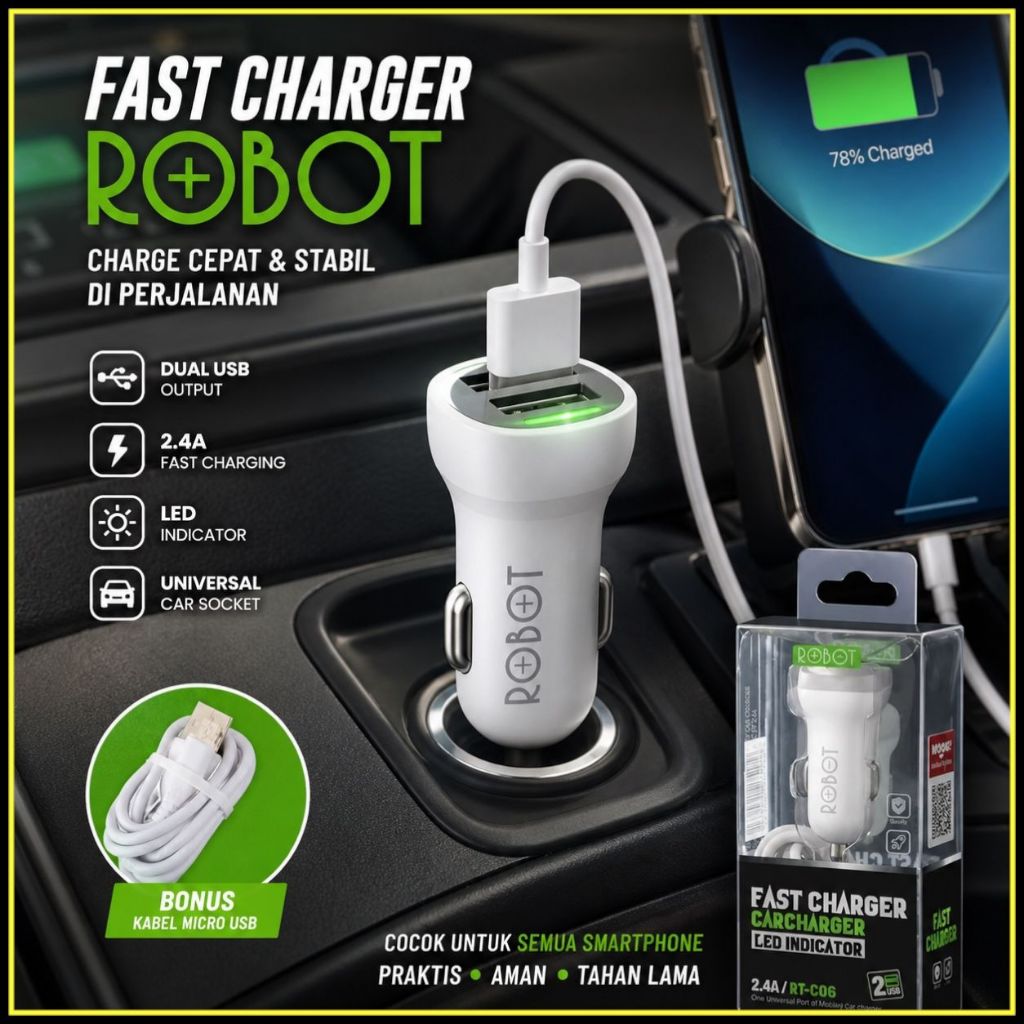 Dual Output Car Charger Robot Charger Colokan Mobil 2.4A 2 port USB