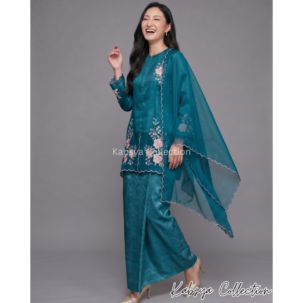Setelan Kebaya Kurung Organza Nikita Sulam Bunga Premium dan Selendang Organza / Baju Tunik Organza 
