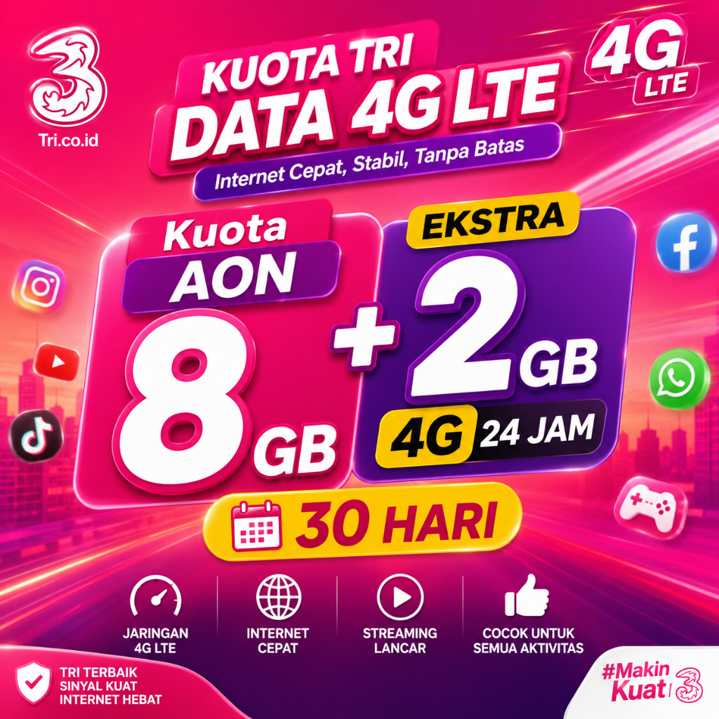 Kuota TRI AON 4G LTE 24 Jam 30 Hari | 8GB+2GB | 4GB+20GB | 8GB+22GB Murah