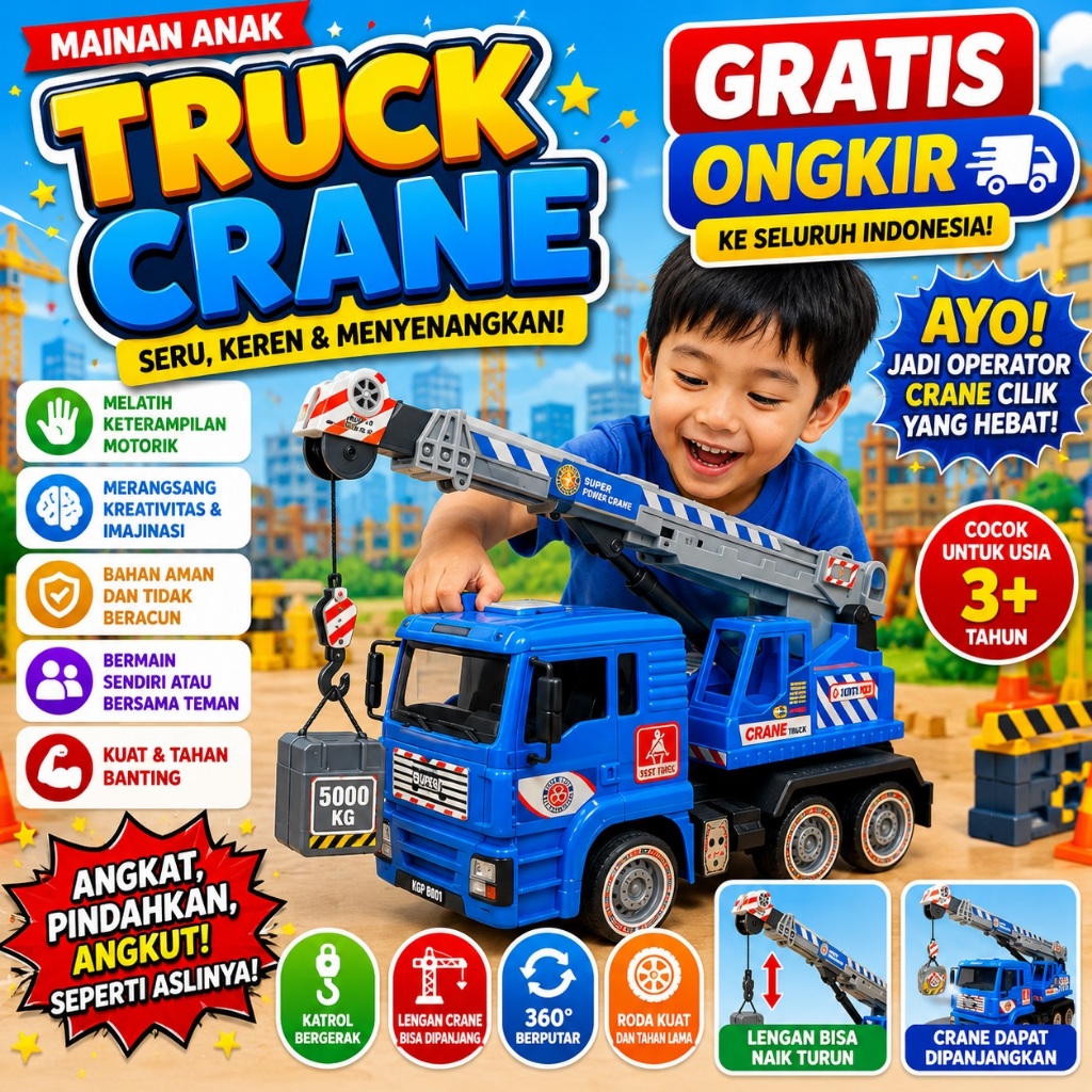 Mainan Mobil Konstruksi Crane Truck - Mobil Truk Derek - Mainan Truck Crane Besar
