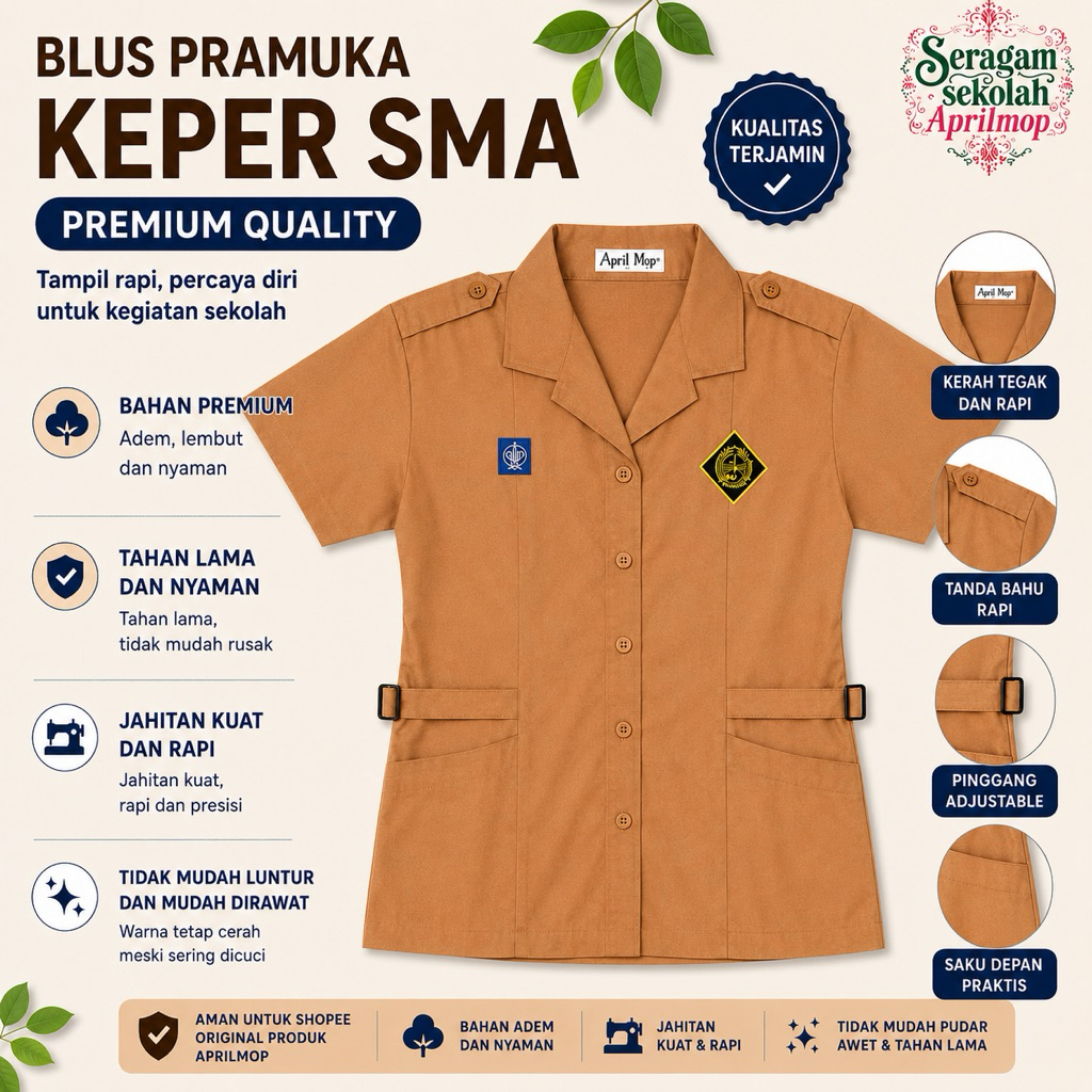 Blus Pramuka Keper SMA pendek APRIL MOP Premium | Baju pramuka wanita SMA lengan pendek