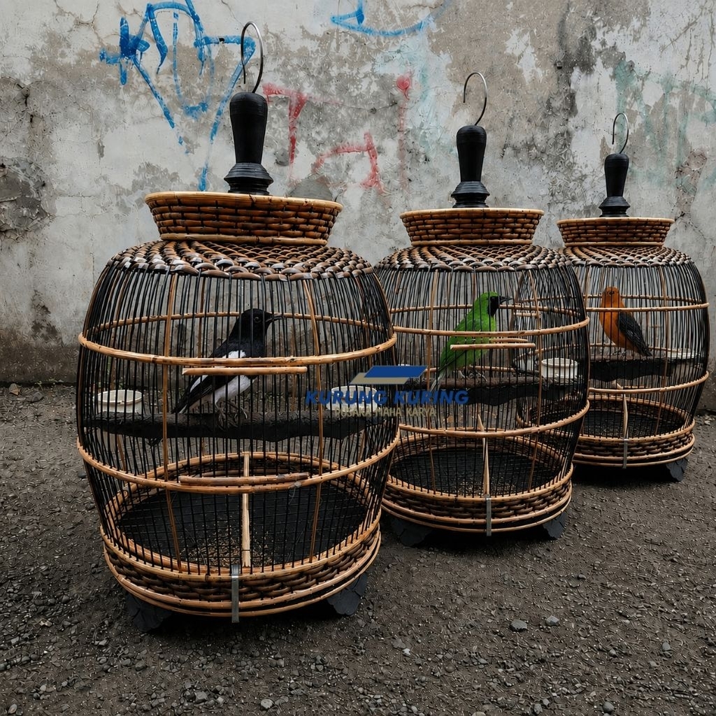 SANGKAR BURUNG MINION CIANJUR TEBOK LEPAS KANDANG BULAT NATURAL SIAP PAKAI