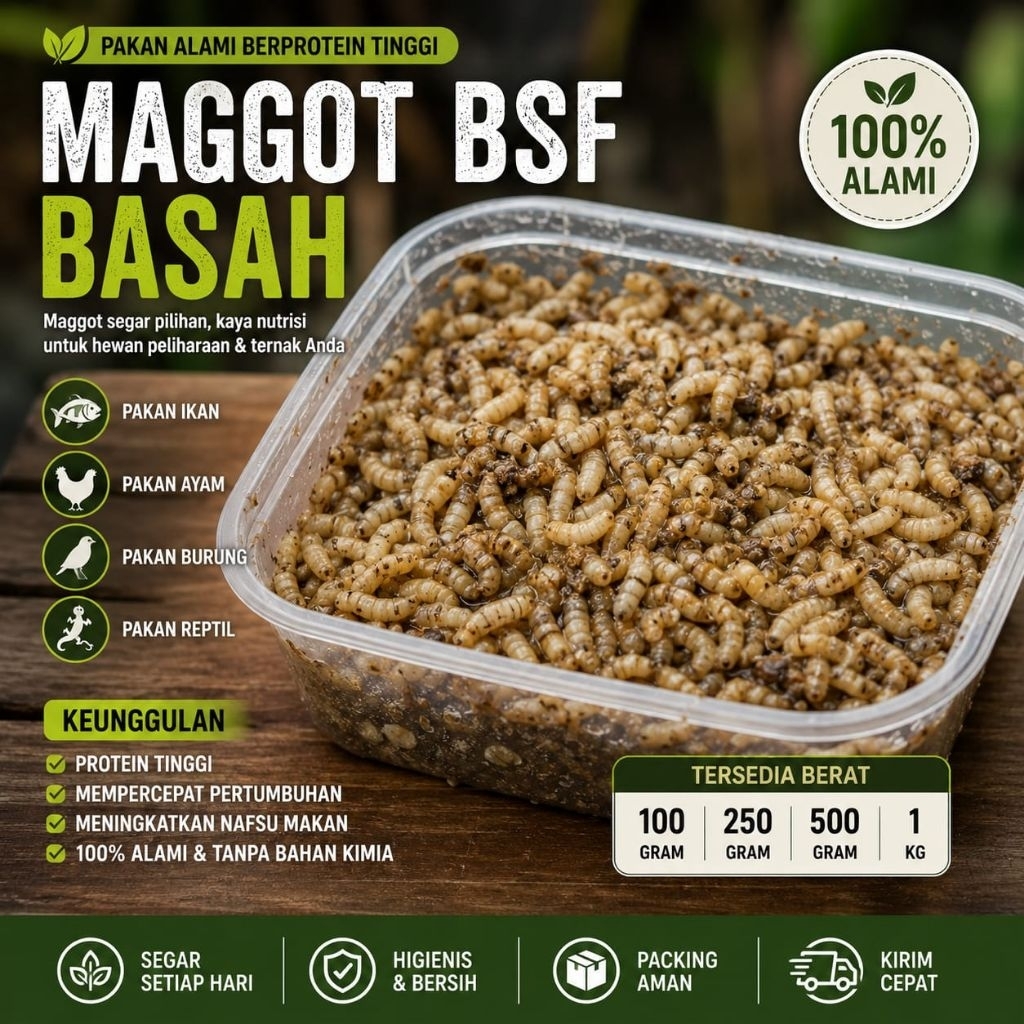 Maggot BSF Basah Segar Pakan Ikan Lele Cupang Ayam Burung Reptil Protein Tinggi Fresh Harian